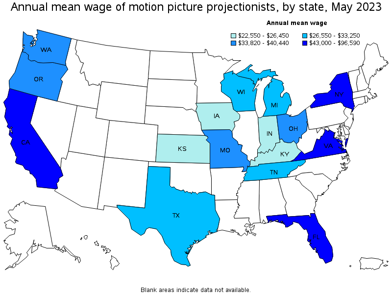 Map of annual mean wages of motion picture projectionists by state, May 2023