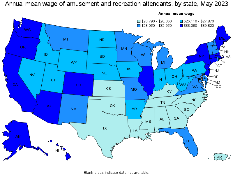 Map of annual mean wages of amusement and recreation attendants by state, May 2023