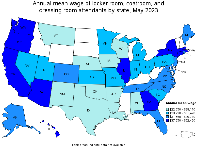 Map of annual mean wages of locker room, coatroom, and dressing room attendants by state, May 2023