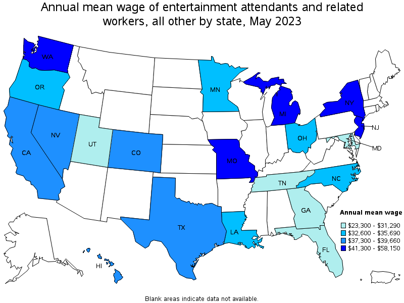 Map of annual mean wages of entertainment attendants and related workers, all other by state, May 2023