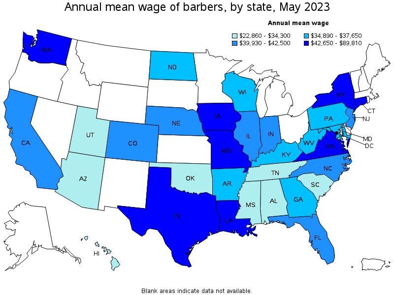 Map of annual mean wages of barbers by state, May 2023