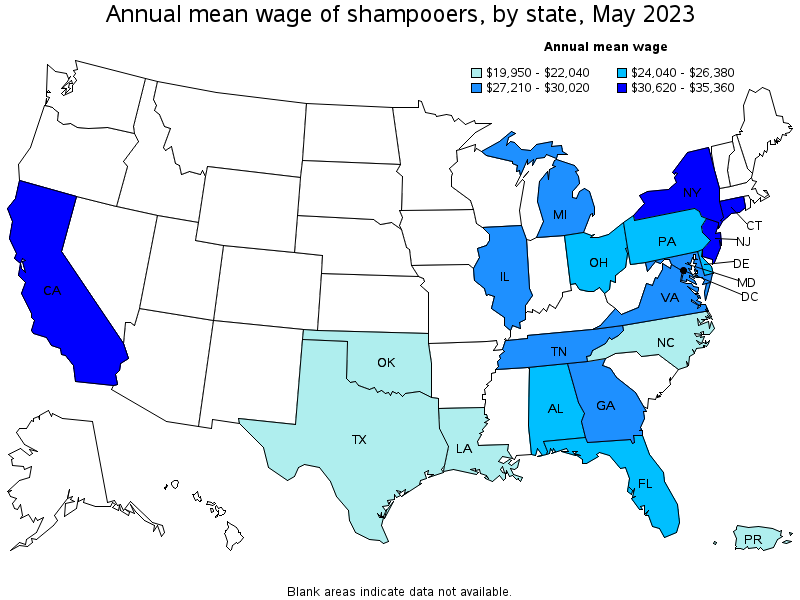 Map of annual mean wages of shampooers by state, May 2023