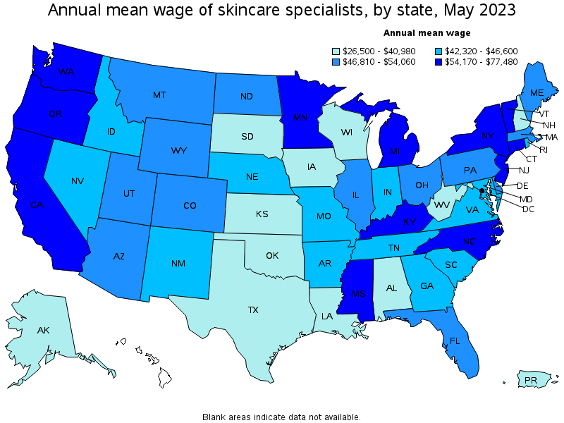 Map of annual mean wages of skincare specialists by state, May 2023