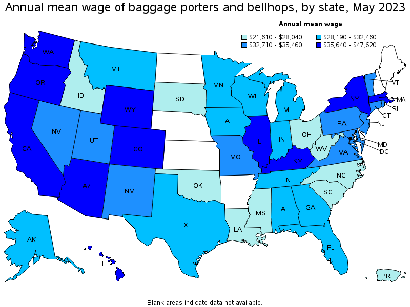 Map of annual mean wages of baggage porters and bellhops by state, May 2023