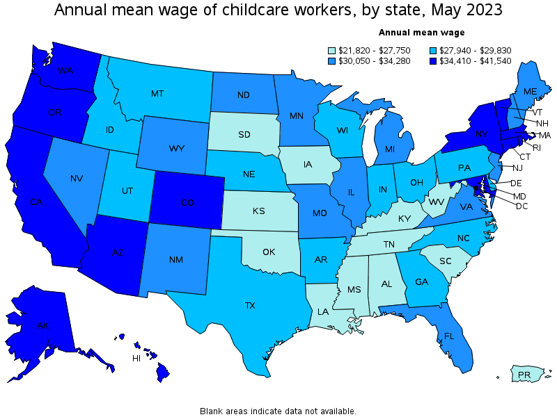 Map of annual mean wages of childcare workers by state, May 2023