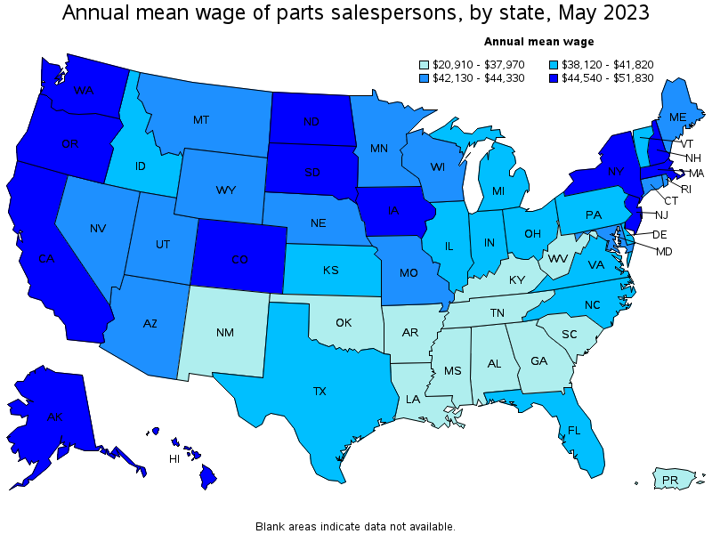 Map of annual mean wages of parts salespersons by state, May 2023