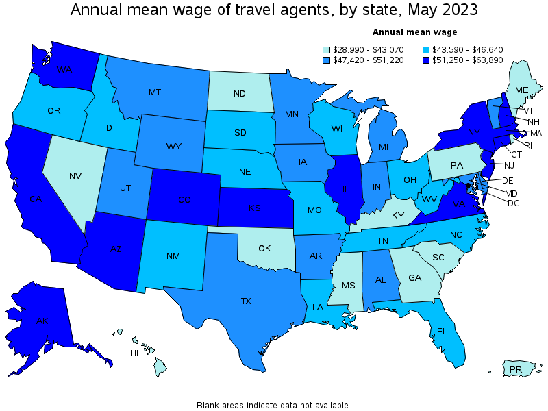 Map of annual mean wages of travel agents by state, May 2023