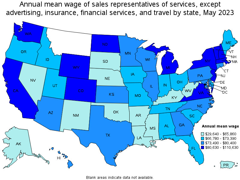 Map of annual mean wages of sales representatives of services, except advertising, insurance, financial services, and travel by state, May 2023