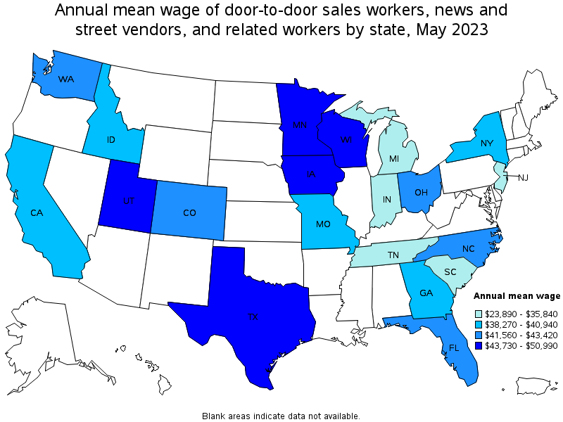 Map of annual mean wages of door-to-door sales workers, news and street vendors, and related workers by state, May 2023