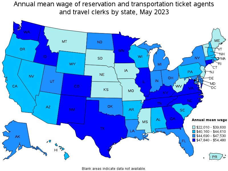 Map of annual mean wages of reservation and transportation ticket agents and travel clerks by state, May 2023