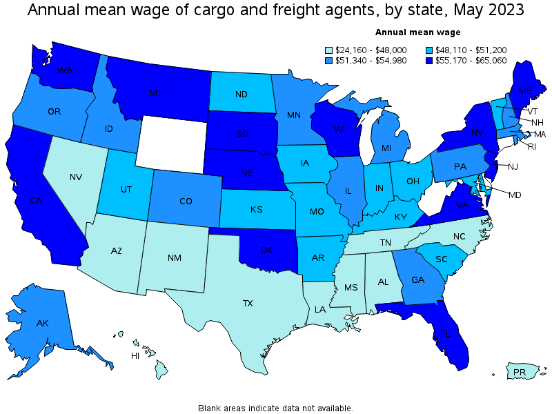 Map of annual mean wages of cargo and freight agents by state, May 2023