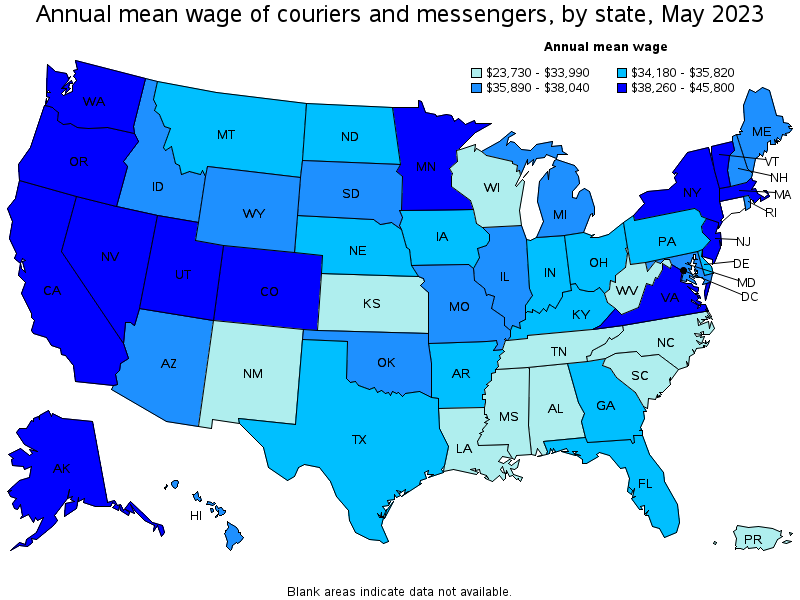 Map of annual mean wages of couriers and messengers by state, May 2023