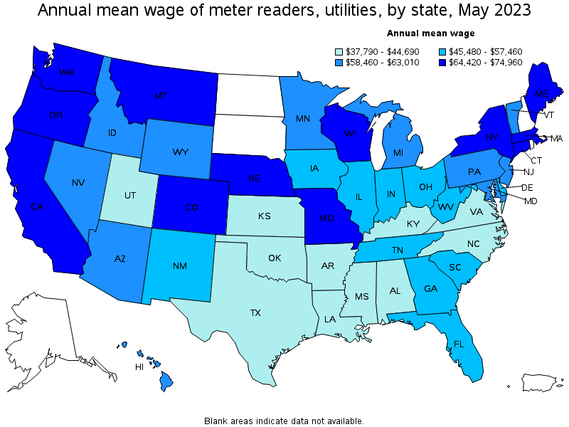 Map of annual mean wages of meter readers, utilities by state, May 2023