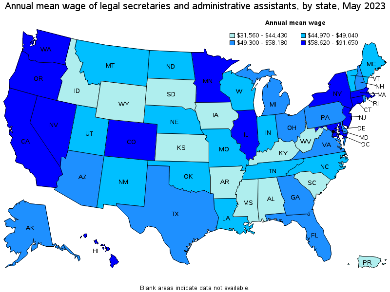 Map of annual mean wages of legal secretaries and administrative assistants by state, May 2023