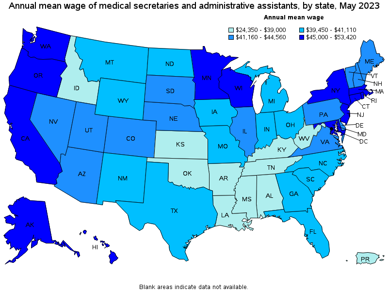 Map of annual mean wages of medical secretaries and administrative assistants by state, May 2023