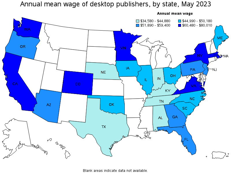 Map of annual mean wages of desktop publishers by state, May 2023