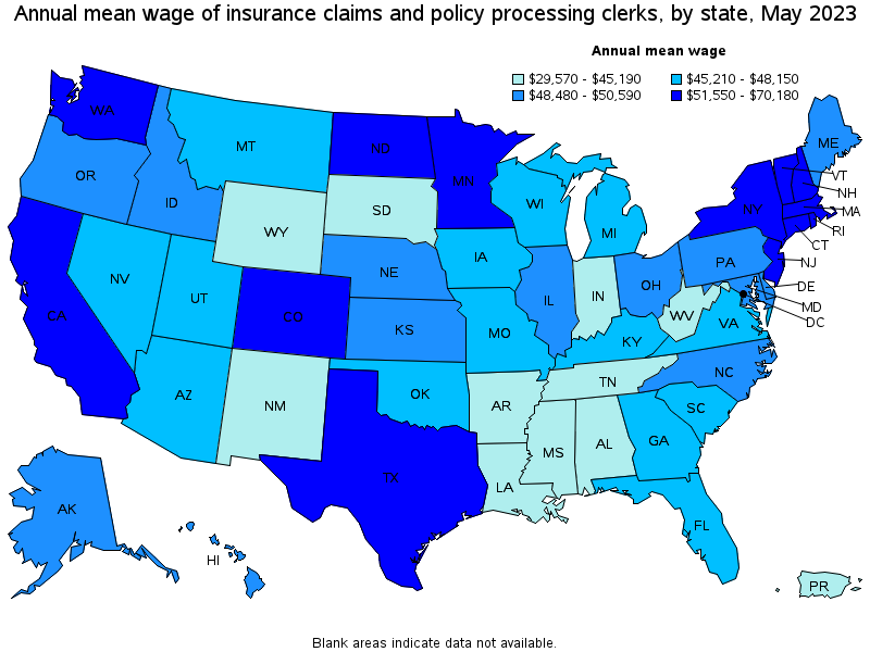 Map of annual mean wages of insurance claims and policy processing clerks by state, May 2023