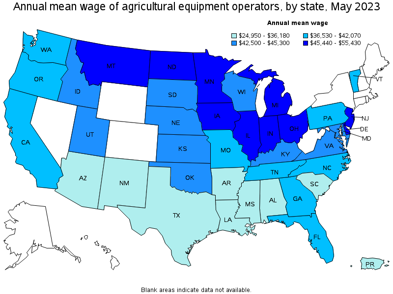 Map of annual mean wages of agricultural equipment operators by state, May 2023