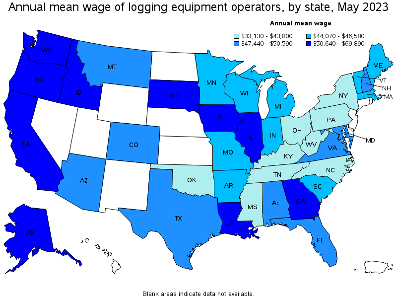 Map of annual mean wages of logging equipment operators by state, May 2023