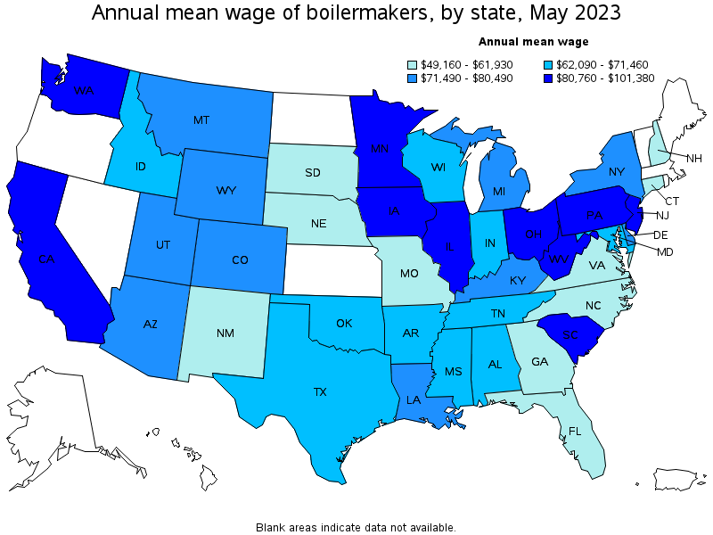 Map of annual mean wages of boilermakers by state, May 2023