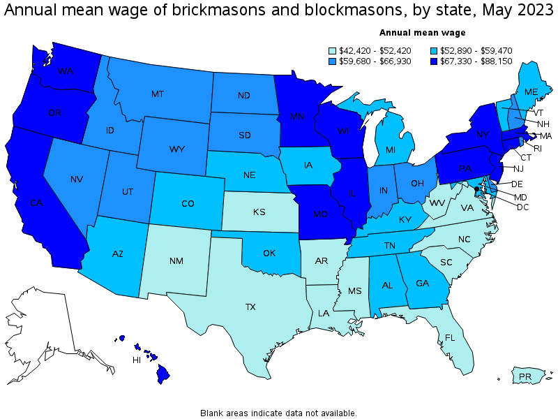 Map of annual mean wages of brickmasons and blockmasons by state, May 2023