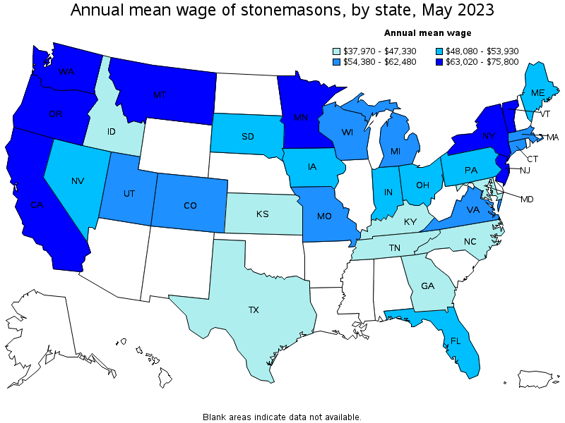 Map of annual mean wages of stonemasons by state, May 2023