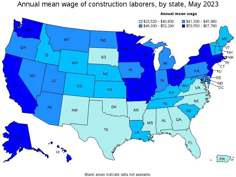 Map of annual mean wages of construction laborers by state, May 2023