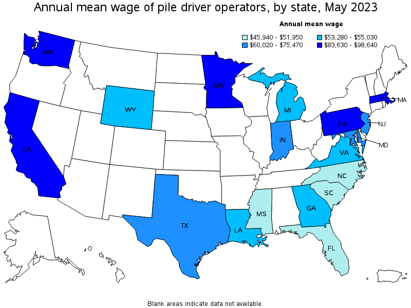Map of annual mean wages of pile driver operators by state, May 2023