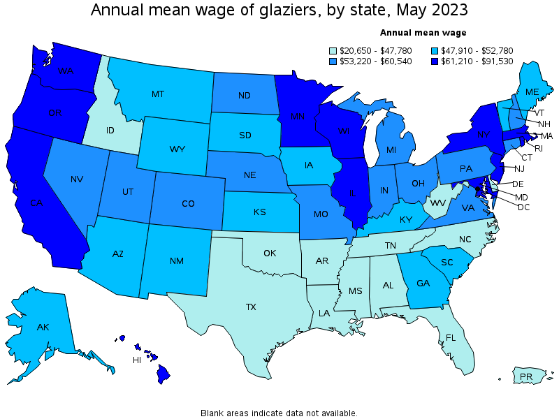 Map of annual mean wages of glaziers by state, May 2023