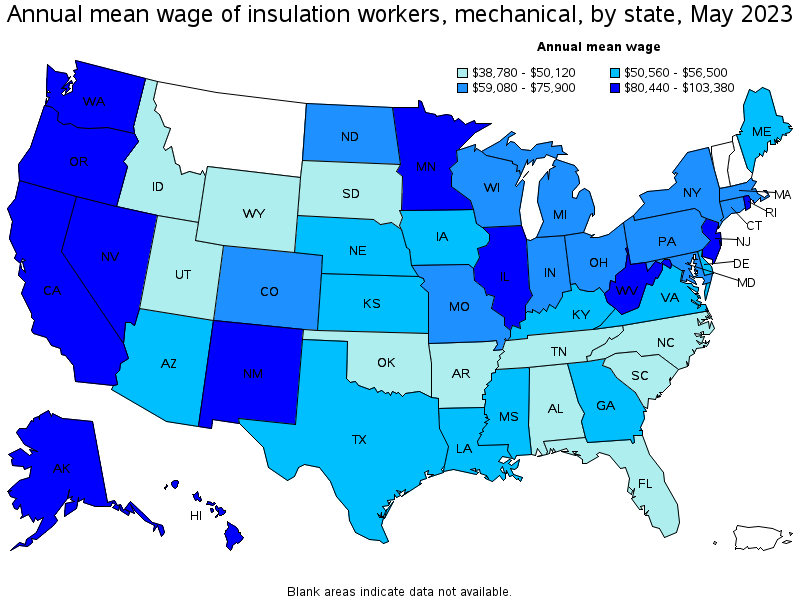 Map of annual mean wages of insulation workers, mechanical by state, May 2023