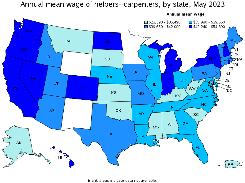 Map of annual mean wages of helpers--carpenters by state, May 2023