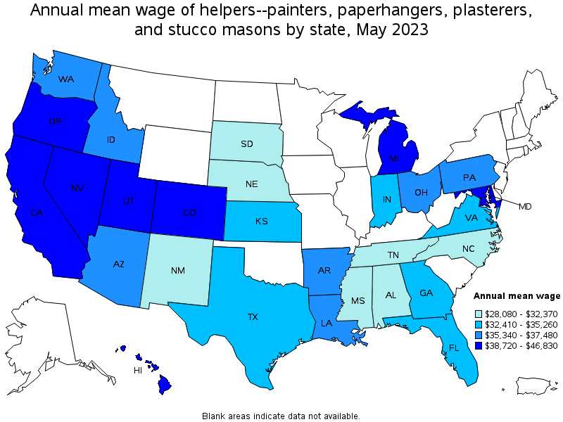Map of annual mean wages of helpers--painters, paperhangers, plasterers, and stucco masons by state, May 2023