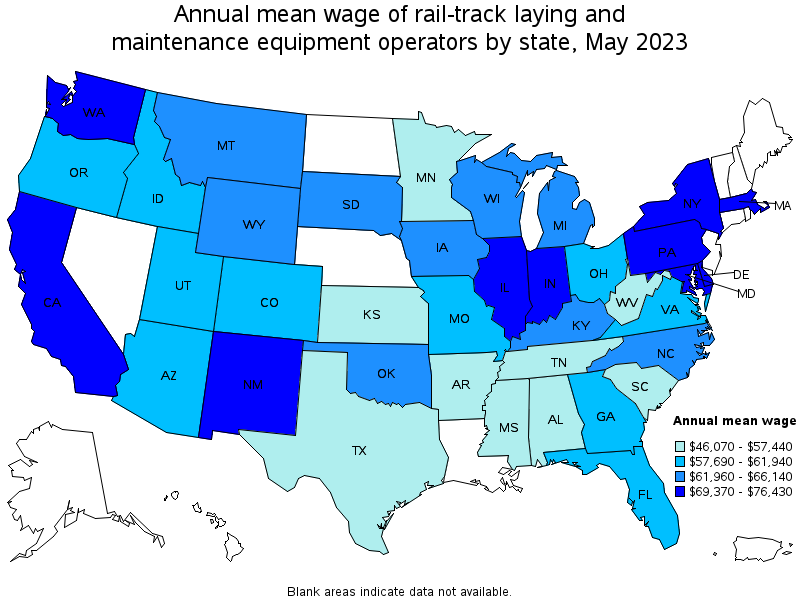 Map of annual mean wages of rail-track laying and maintenance equipment operators by state, May 2023