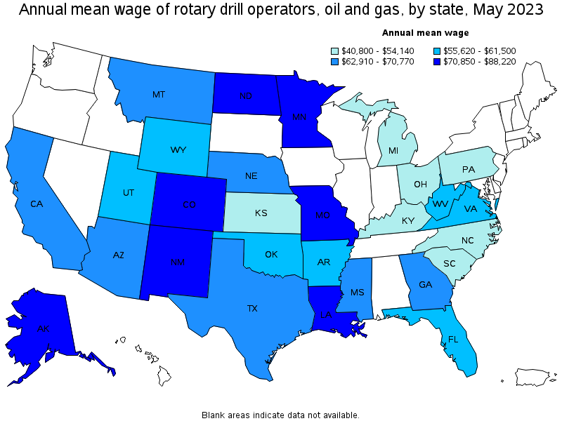 Map of annual mean wages of rotary drill operators, oil and gas by state, May 2023