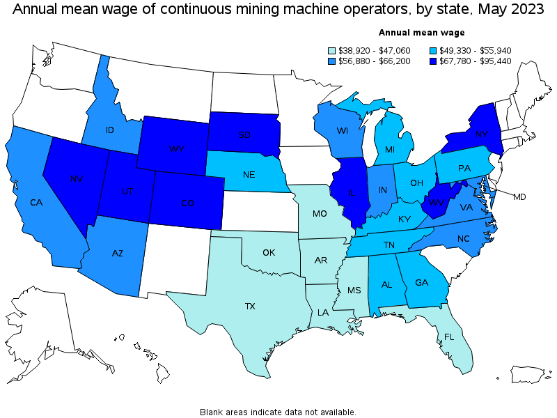 Map of annual mean wages of continuous mining machine operators by state, May 2023