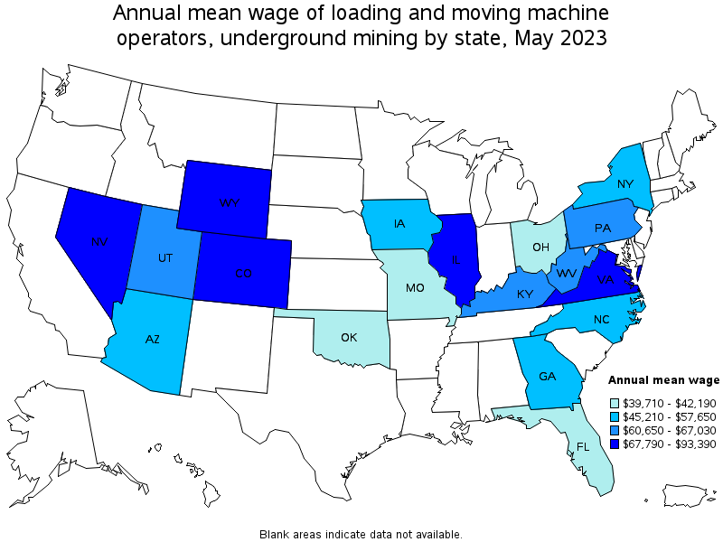 Map of annual mean wages of loading and moving machine operators, underground mining by state, May 2023