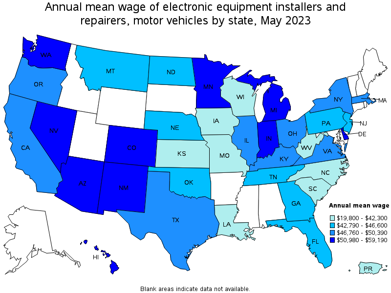 Map of annual mean wages of electronic equipment installers and repairers, motor vehicles by state, May 2023
