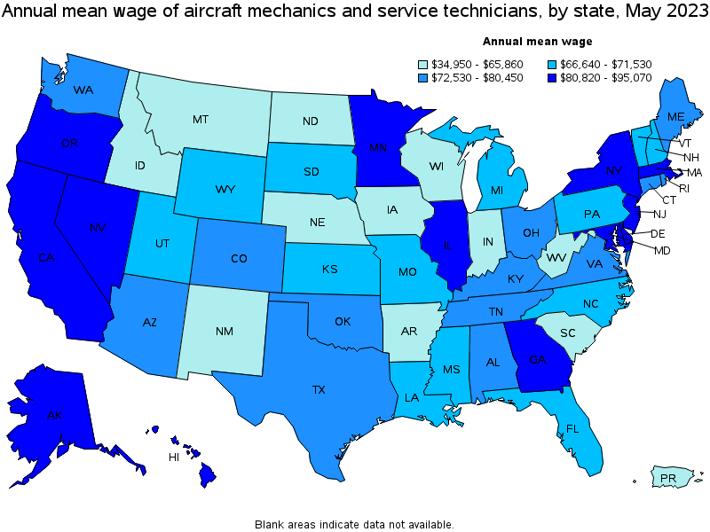 Map of annual mean wages of aircraft mechanics and service technicians by state, May 2023