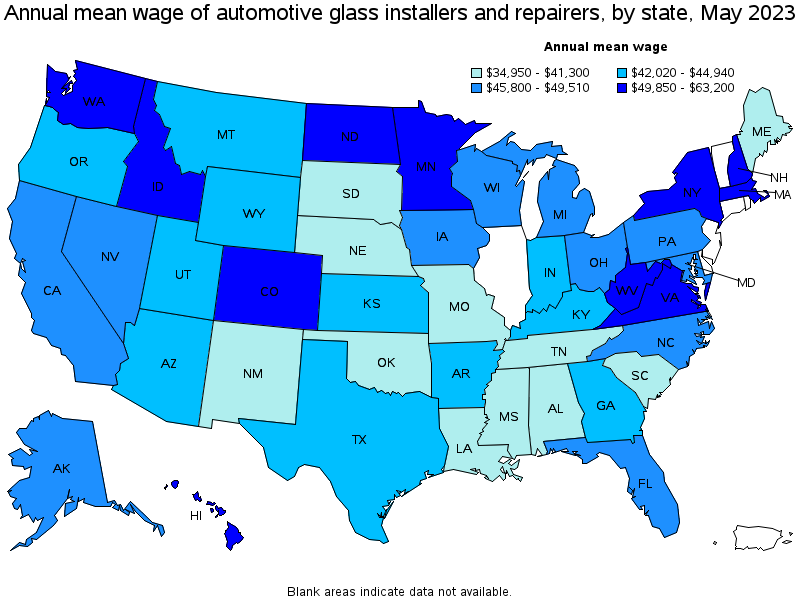 Map of annual mean wages of automotive glass installers and repairers by state, May 2023