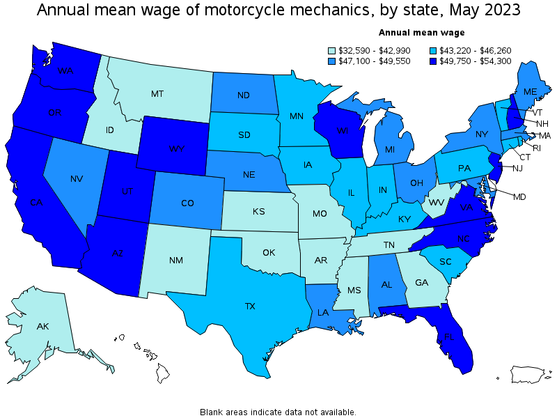 Map of annual mean wages of motorcycle mechanics by state, May 2023