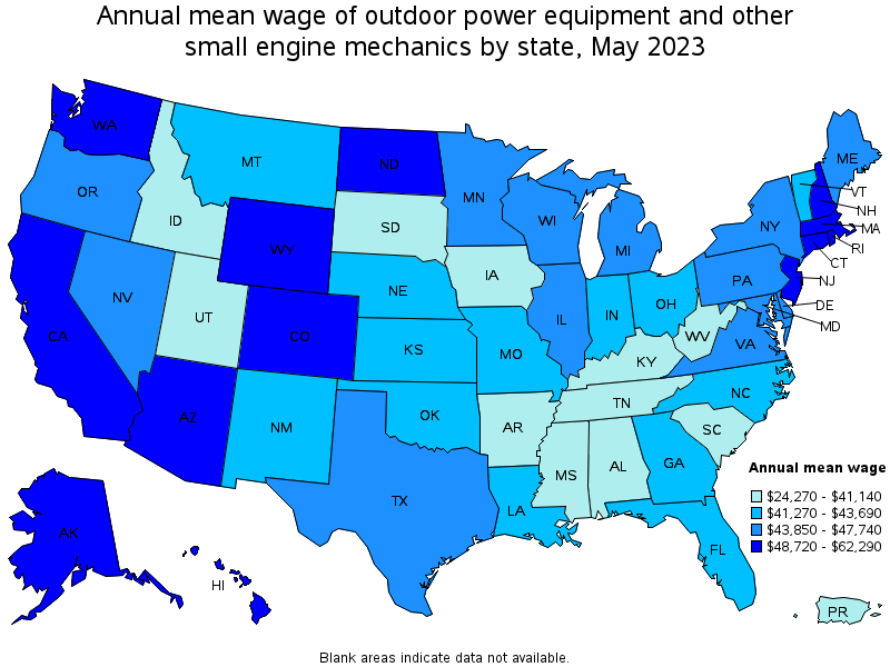 Map of annual mean wages of outdoor power equipment and other small engine mechanics by state, May 2023
