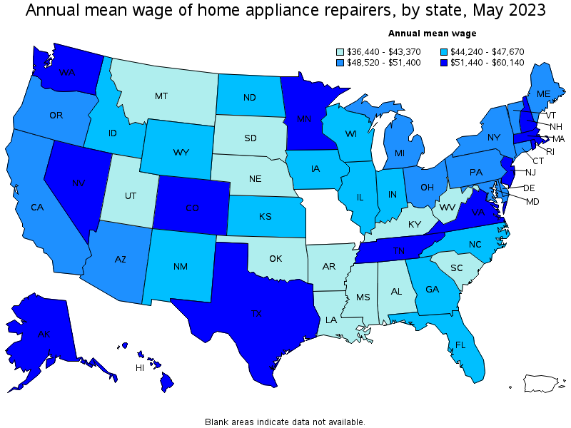 Map of annual mean wages of home appliance repairers by state, May 2023