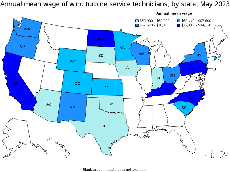 Map of annual mean wages of wind turbine service technicians by state, May 2023