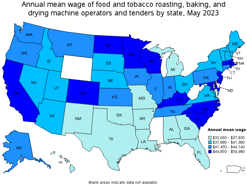 Map of annual mean wages of food and tobacco roasting, baking, and drying machine operators and tenders by state, May 2023