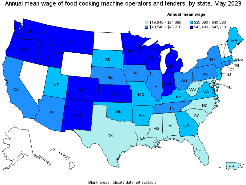 Map of annual mean wages of food cooking machine operators and tenders by state, May 2023