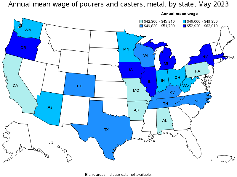 Map of annual mean wages of pourers and casters, metal by state, May 2023