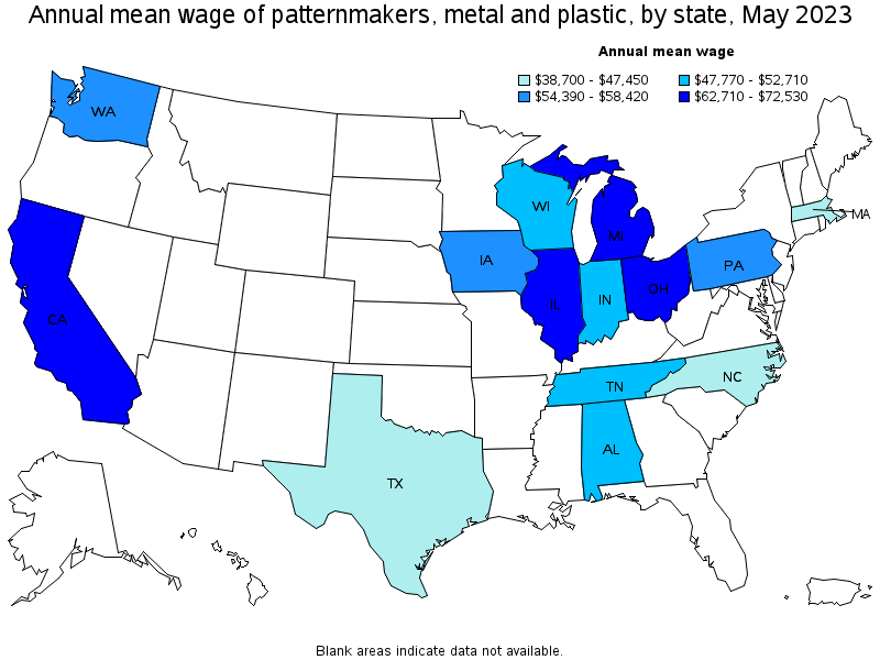 Map of annual mean wages of patternmakers, metal and plastic by state, May 2023