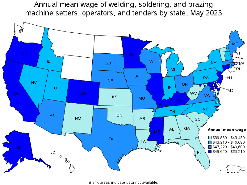 Map of annual mean wages of welding, soldering, and brazing machine setters, operators, and tenders by state, May 2023