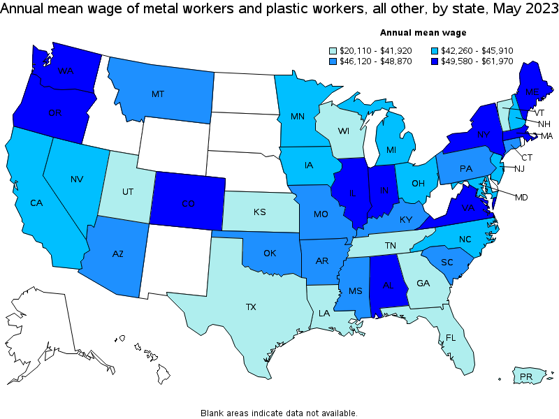 Map of annual mean wages of metal workers and plastic workers, all other by state, May 2023