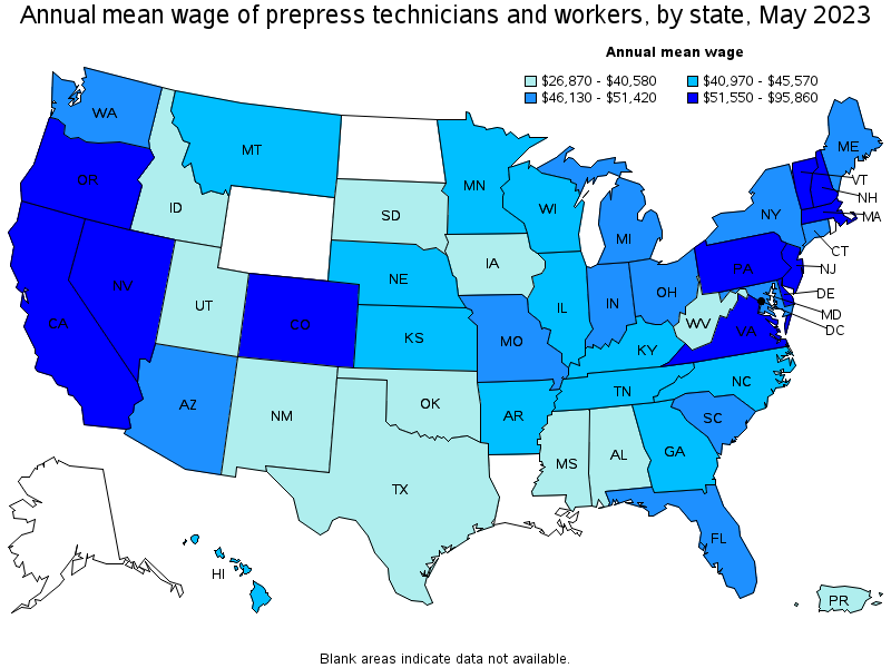 Map of annual mean wages of prepress technicians and workers by state, May 2023